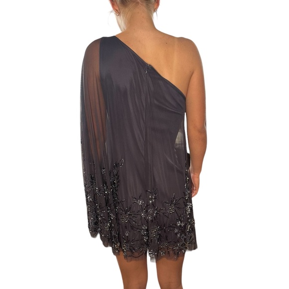 Mac Duggal Rare Charcoal ONE SHOULDER BEADED EMBELLISHED TRAPEZE MINI DRESS Sz 2 - Picture 4 of 10